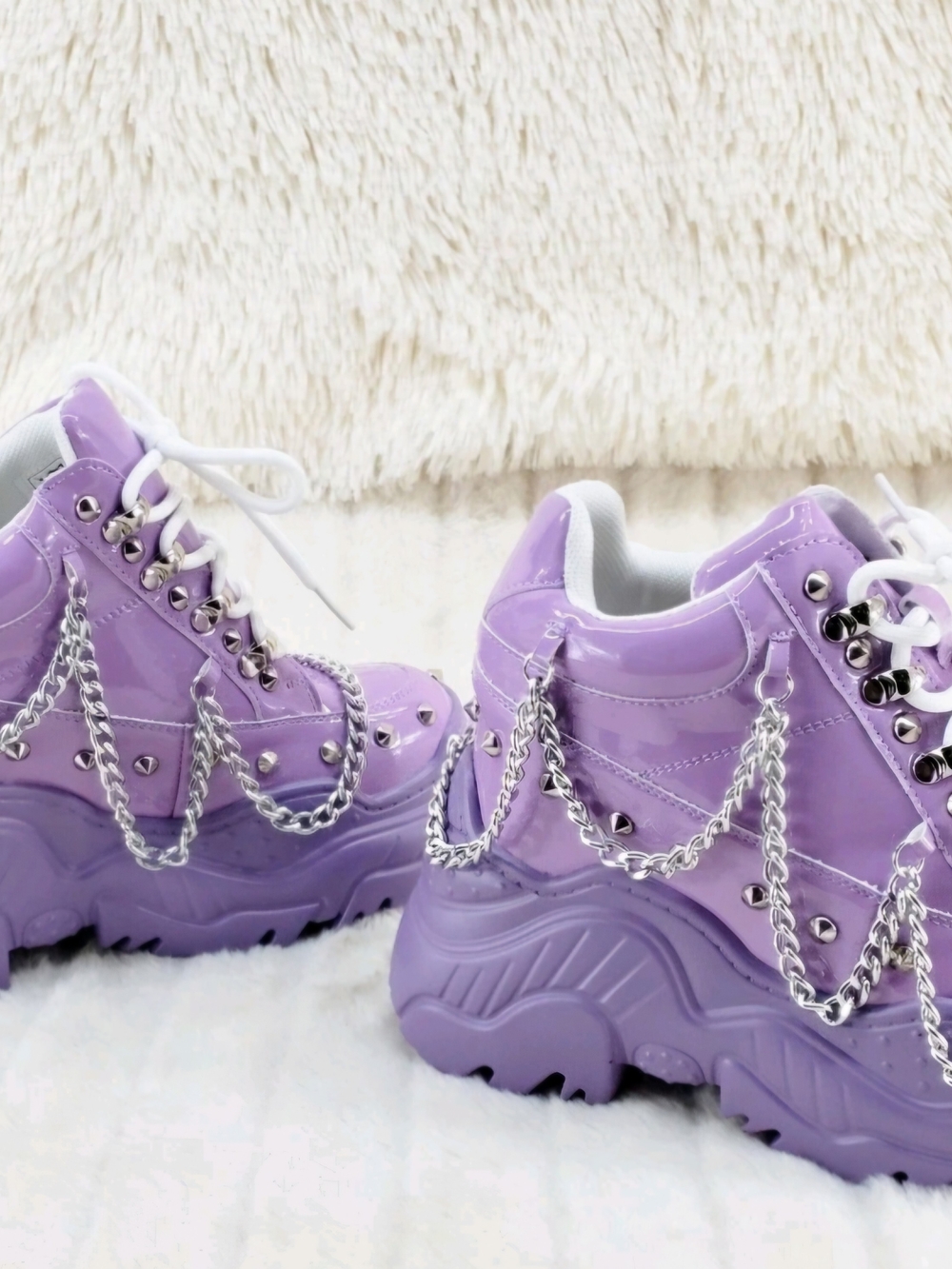 WTF By Anthony Wang Lilac Patent Sneakers Chain Studded Hidden Wedge 7.5 NWOT - Picture 10 of 14